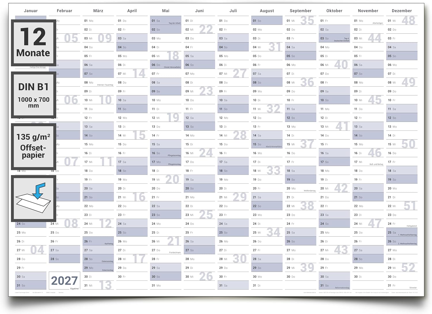 Jahreskalender 2027 B1 gefaltet 135 g Papier