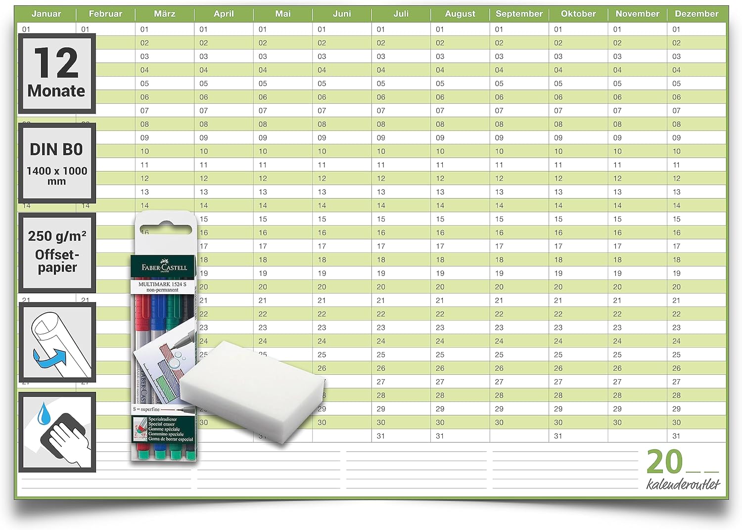 Dauerkalender B0 abwischbar gerollt mit 4er Stifte-Set & Schwamm 250 g Papier