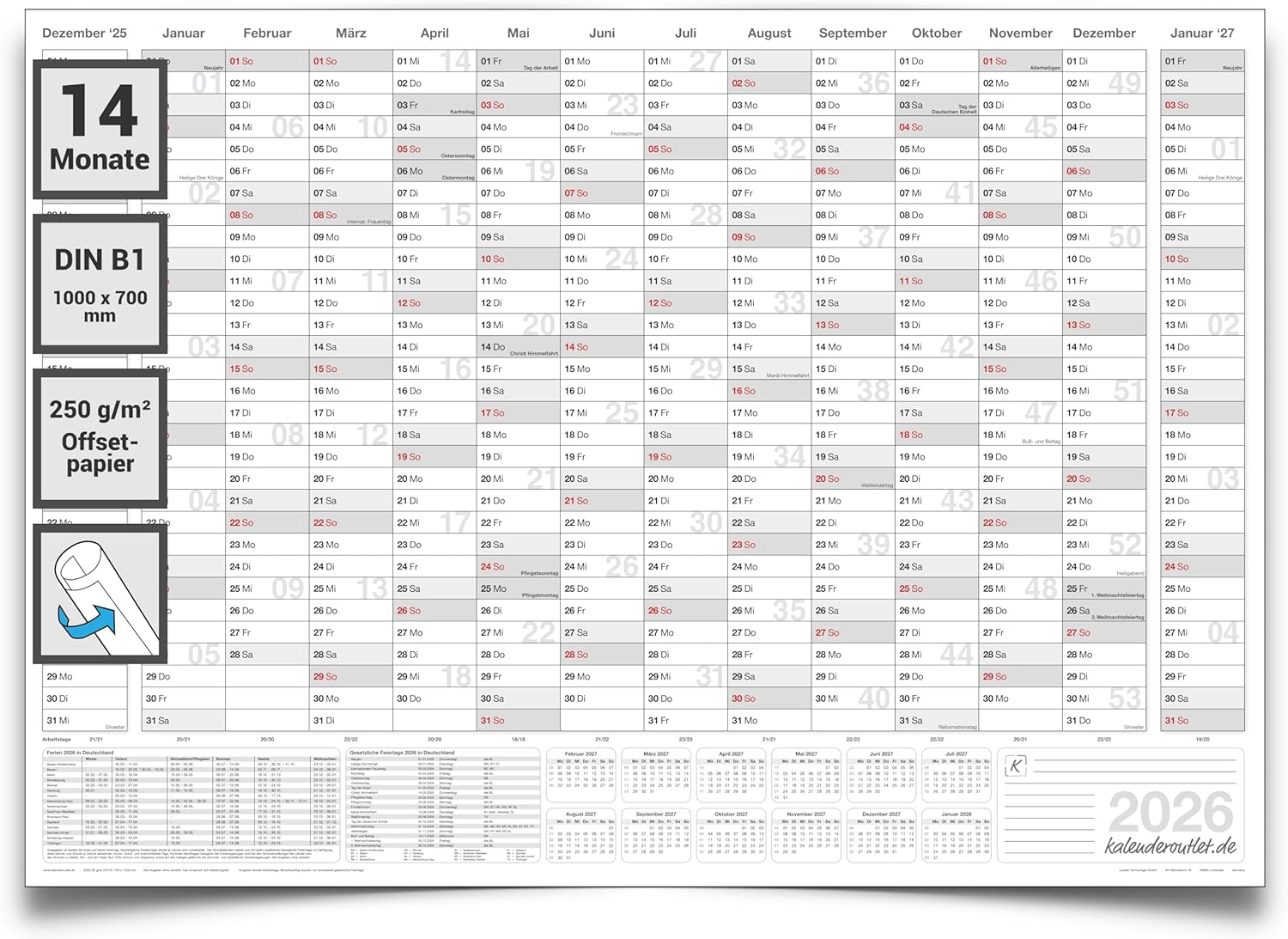 Jahreskalender 2026 B1 14 Monate gerollt 250 g Papier