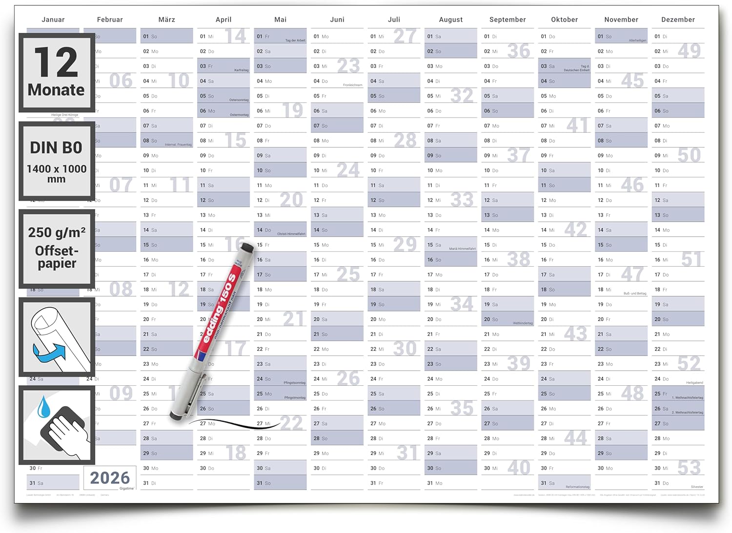 Jahreskalender 2026 B0 abwischbar gerollt mit Marker 250 g Papier