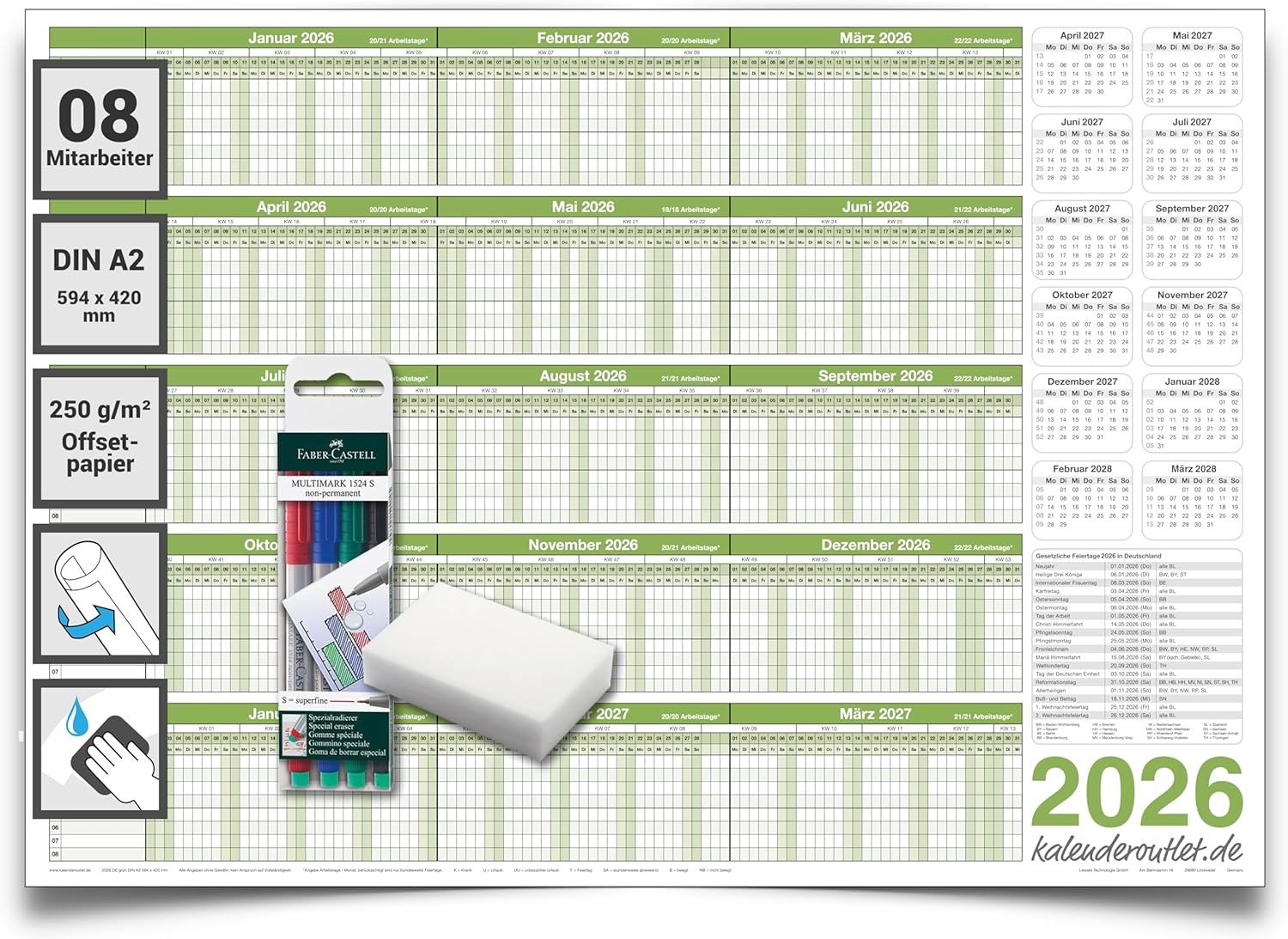 Personalplaner 2026 A2 abwischbar gerollt mit 4er Stifte-Set 250 g Papier