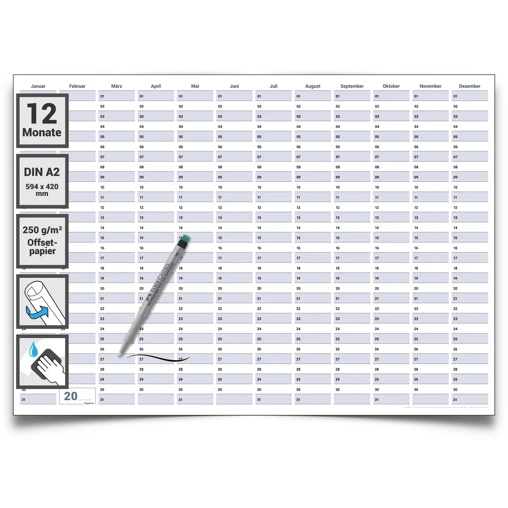 Dauerkalender DIN A2 abwischbarer Wandkalender gerollt mit Marker 250 g Papier