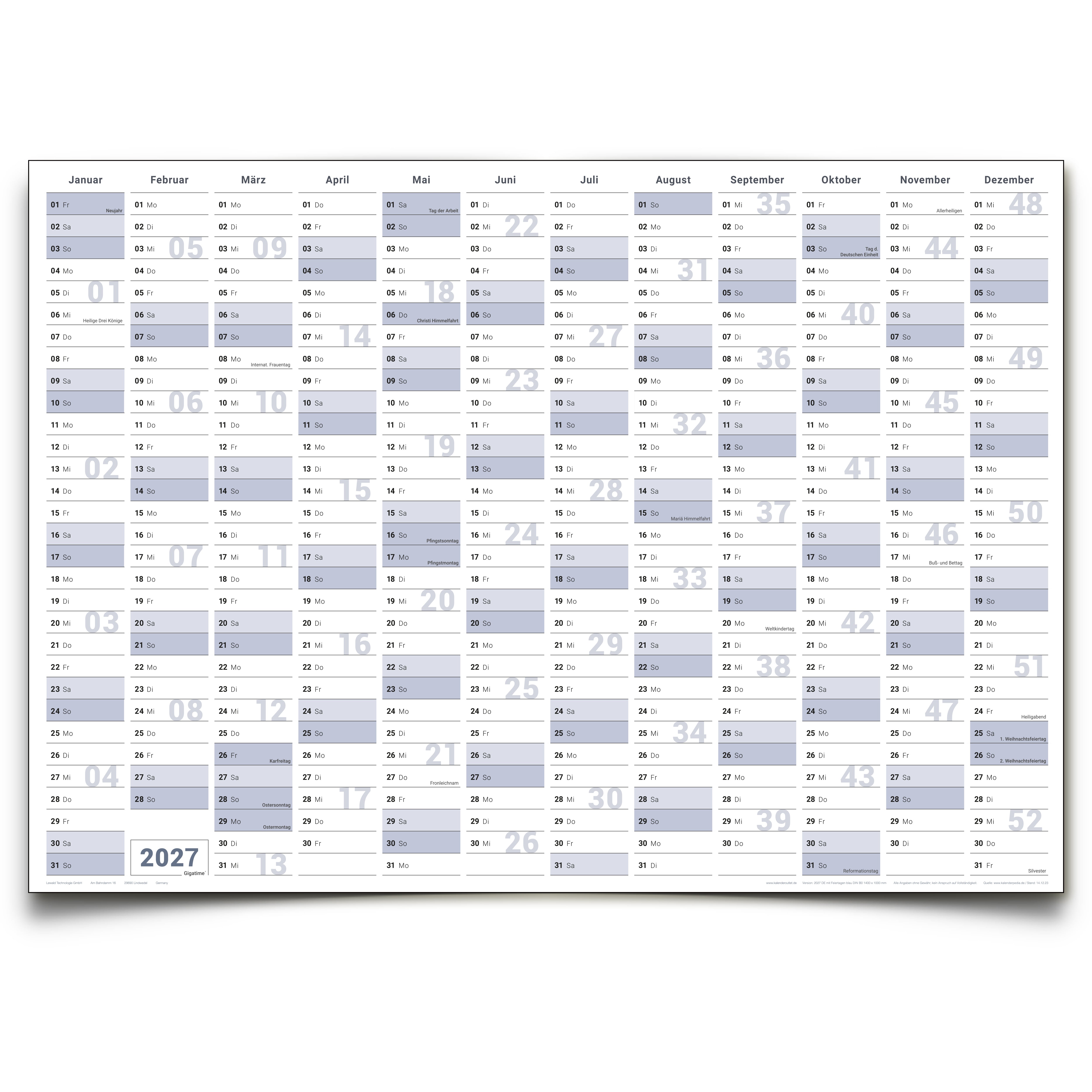 Jahreskalender 2027 B1 gefaltet 135 g Papier