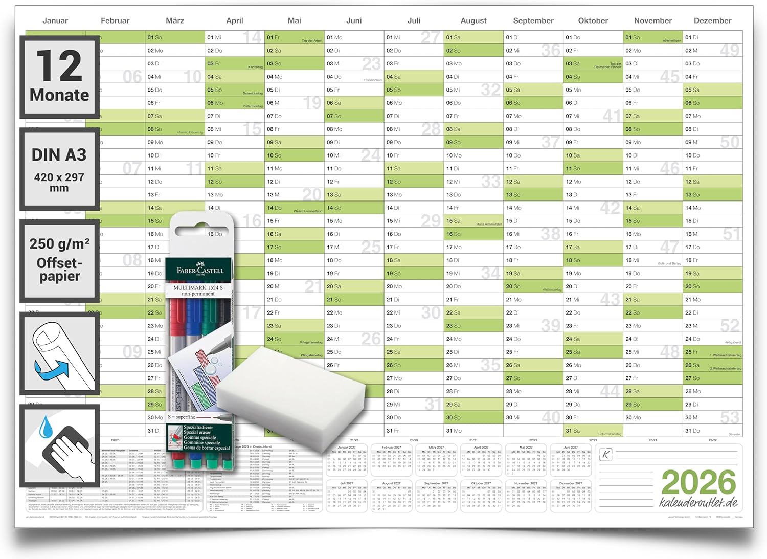 Jahreskalender 2026 A3 abwischbar gerollt mit 4er Stifte-Set & Schwamm 250 g Papier