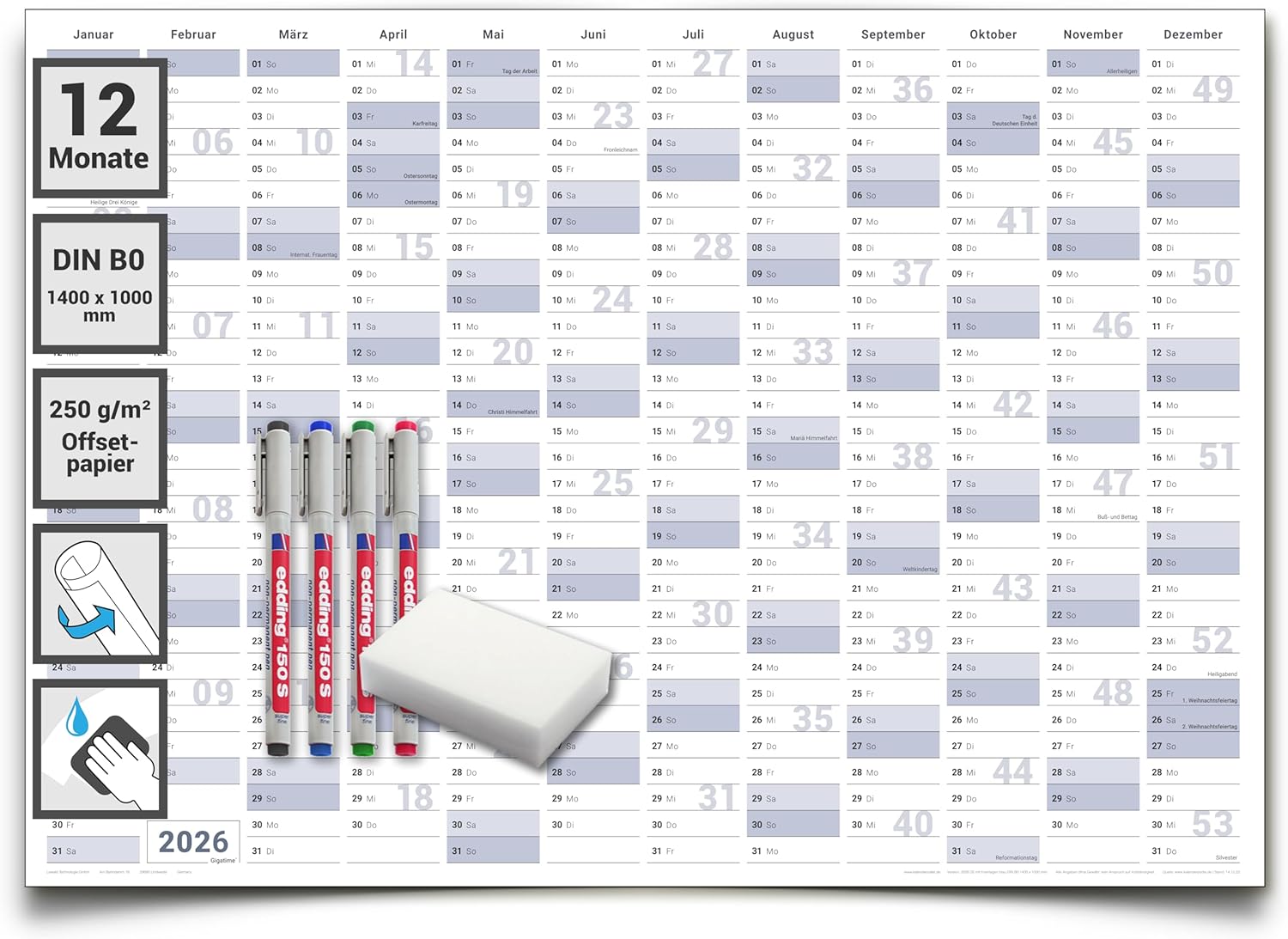 Jahreskalender 2026 B0 abwischbar gerollt 
