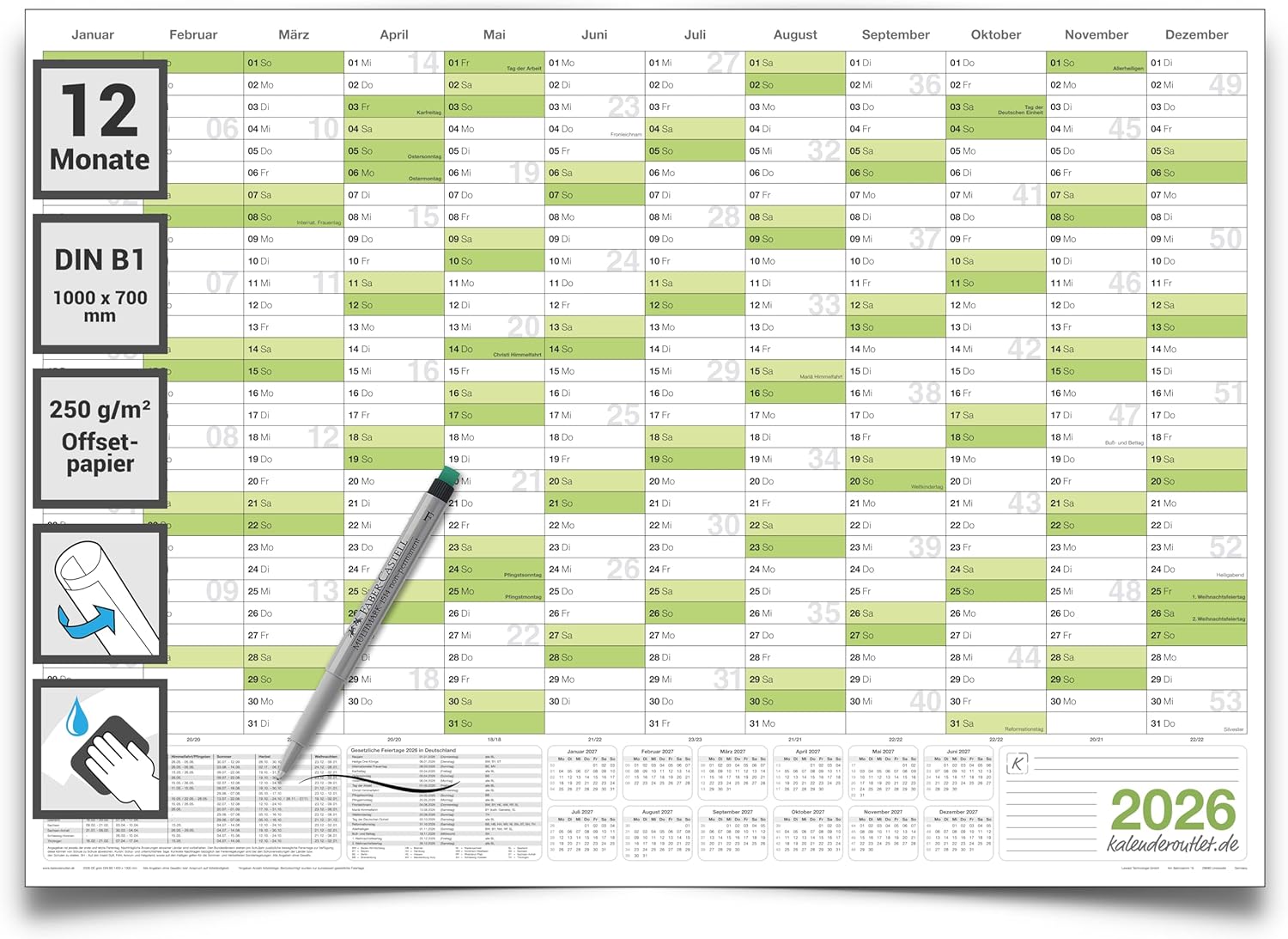 Jahreskalender 2026 B1 abwischbar gerollt mit Marker 250 g Papier