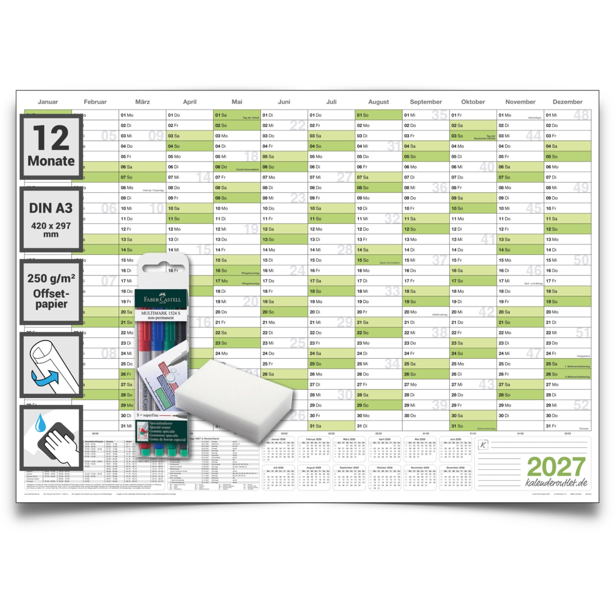 Jahreskalender 2027 A3 abwischbar - 4- Marker