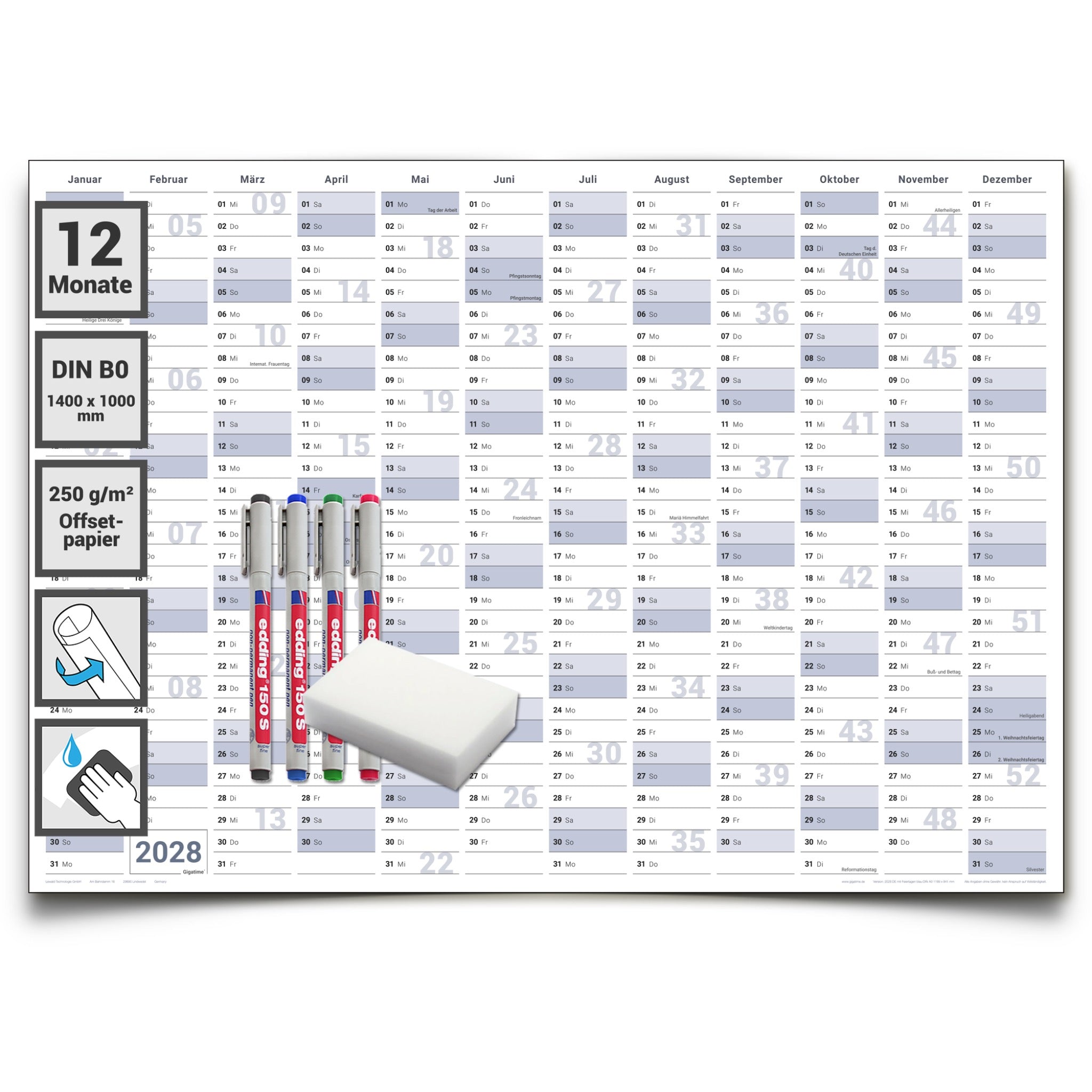 Jahreskalender 2028 B0 abwischbar gerollt mit 4er Stifte