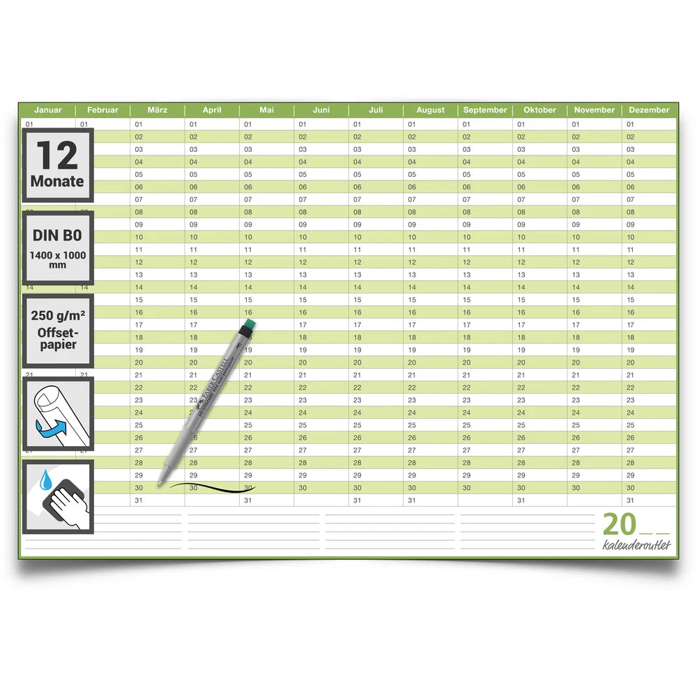 Dauerkalender DIN B0 XXL abwischbarer Wandkalender gerollt mit Marker 250 g Papier