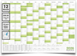 Wandkalender 2026 A0 841 x 1189 mm grün Jahreskalender