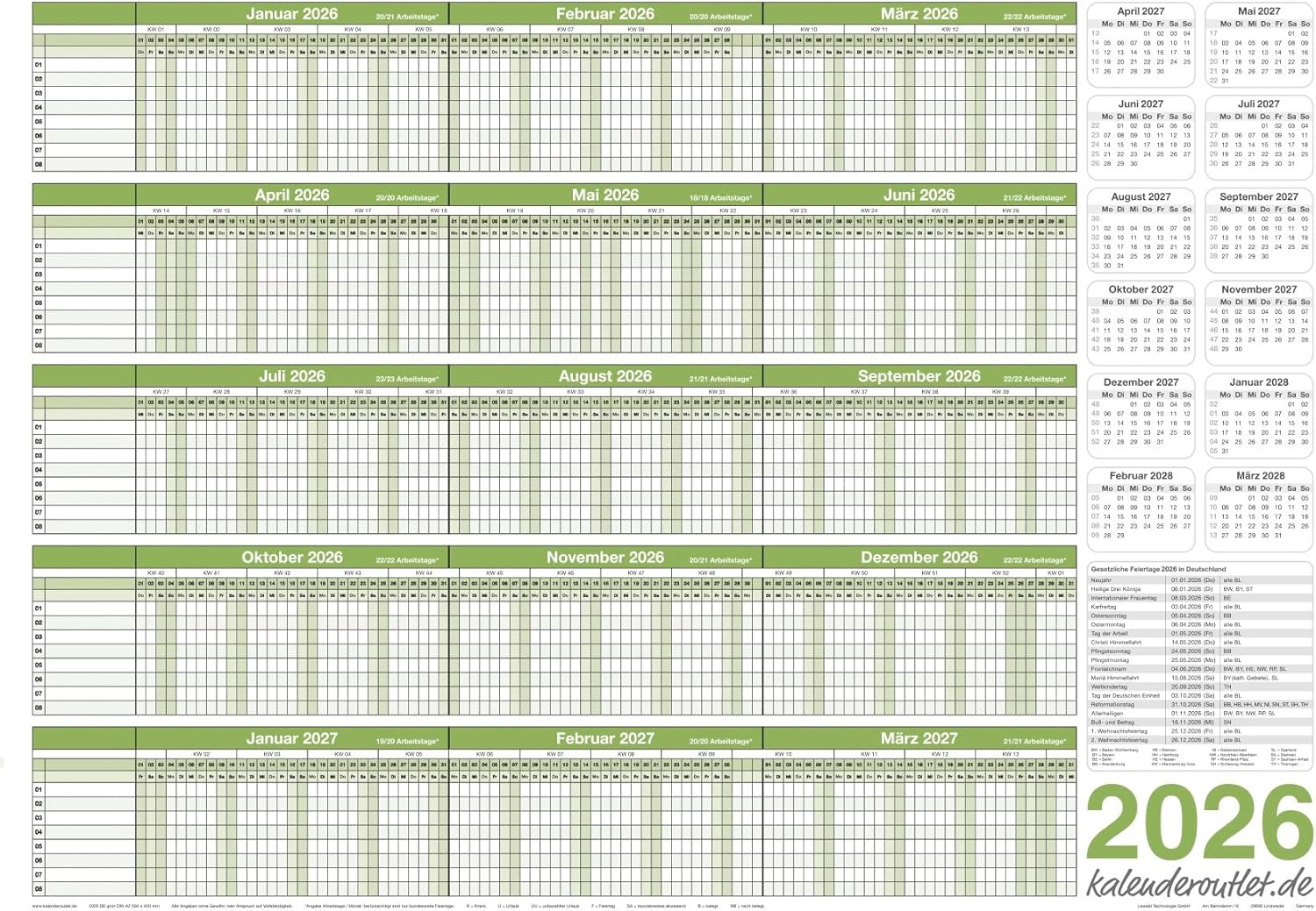 Wandkalender 2026 A2 420 x 594 mm grün mit Stift Personalplanung