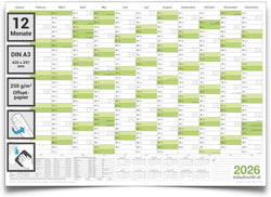 Wandkalender-2026-A3-297-x-420-mm-grün-abwischbar-Jahreskalender-Planung