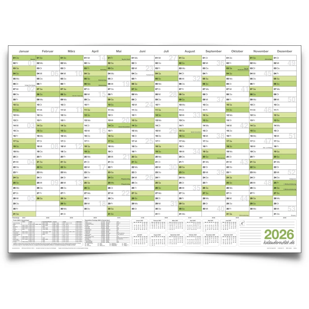 Wandkalender 2026 B0 1000 x 1414 mm grün deutsch gerollt 4er Marker Set