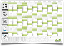 Wandkalender 2026 B1 700 x 1000 mm grün abwischbar Jahreskalender Planung