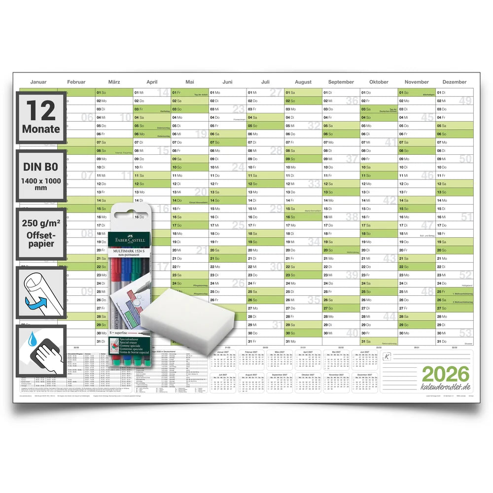 Wandkalender 2026 B0 1000 x 1414 mm grün deutsch abwischbar Jahreskalender