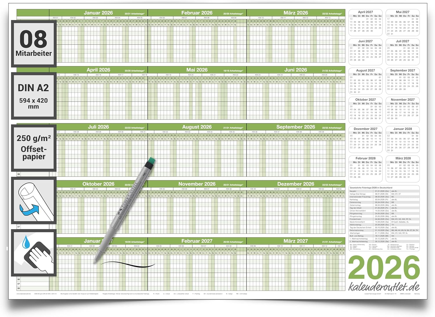 Wandkalender 2026 A2 420 x 594 mm grün abwischbar Personalplaner