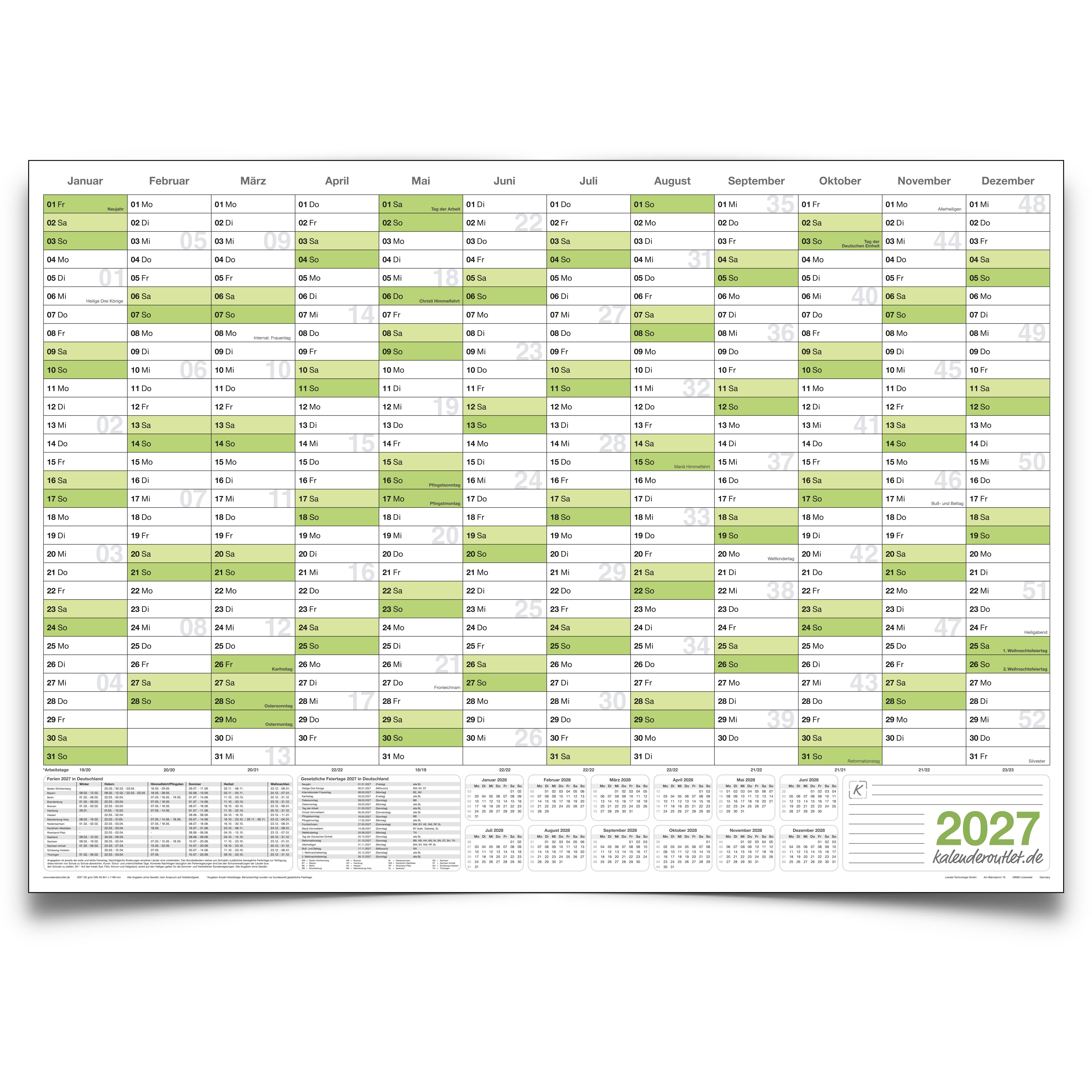 Wandkalender 2027 A0 quer 1189 x 841 mm grün gefaltet Jahresübersicht