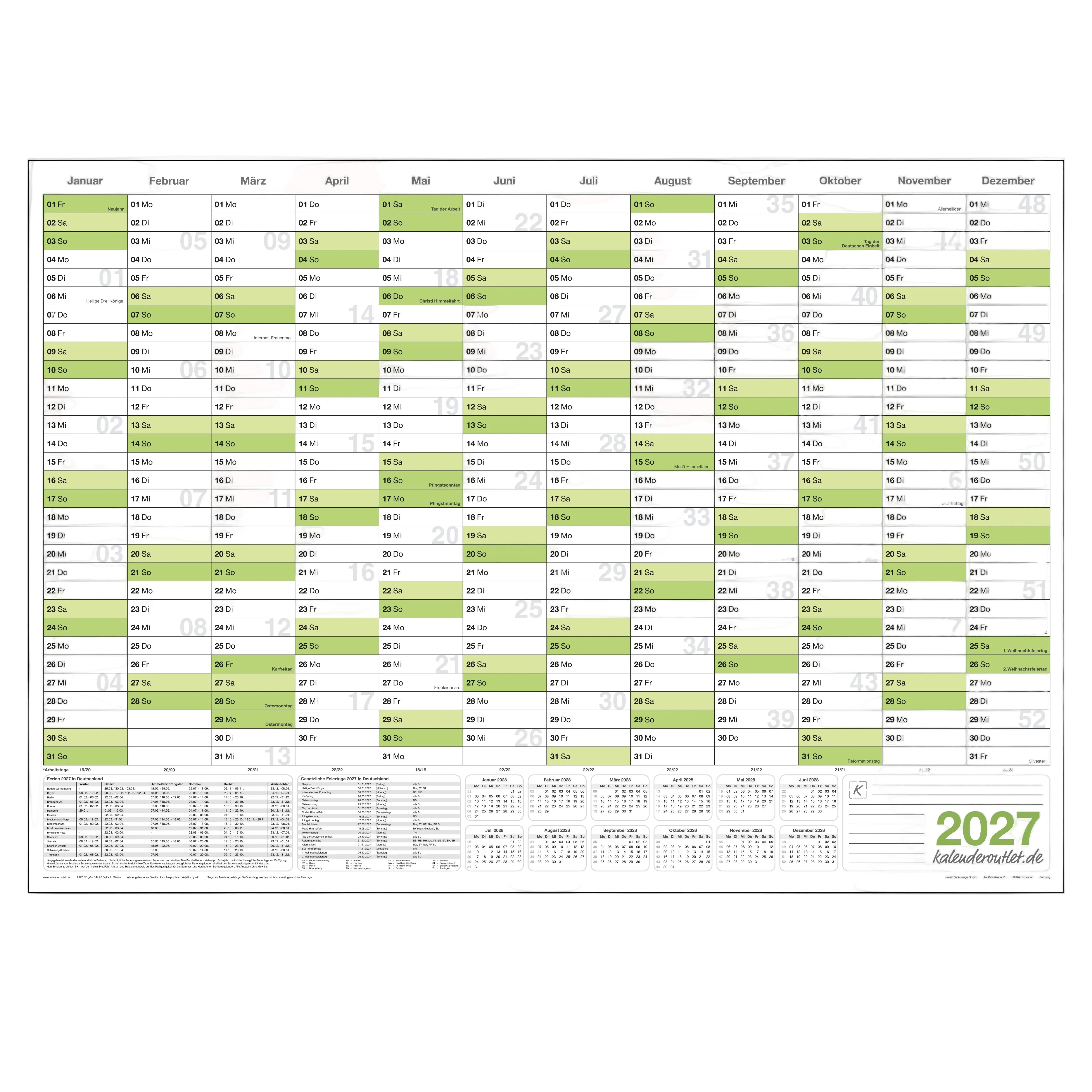 Wandkalender 2027 A3 297 x 420 mm grün gerollt 250 g Papier Jahresübersicht