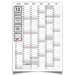Wandkalender 2027 DIN B2 50 x 70 cm grau Jahreskalender Hochformat