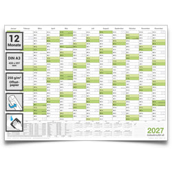 Wandkalender 2027 A3 297 x 420 mm grün abwischbar Jahreskalender Planung