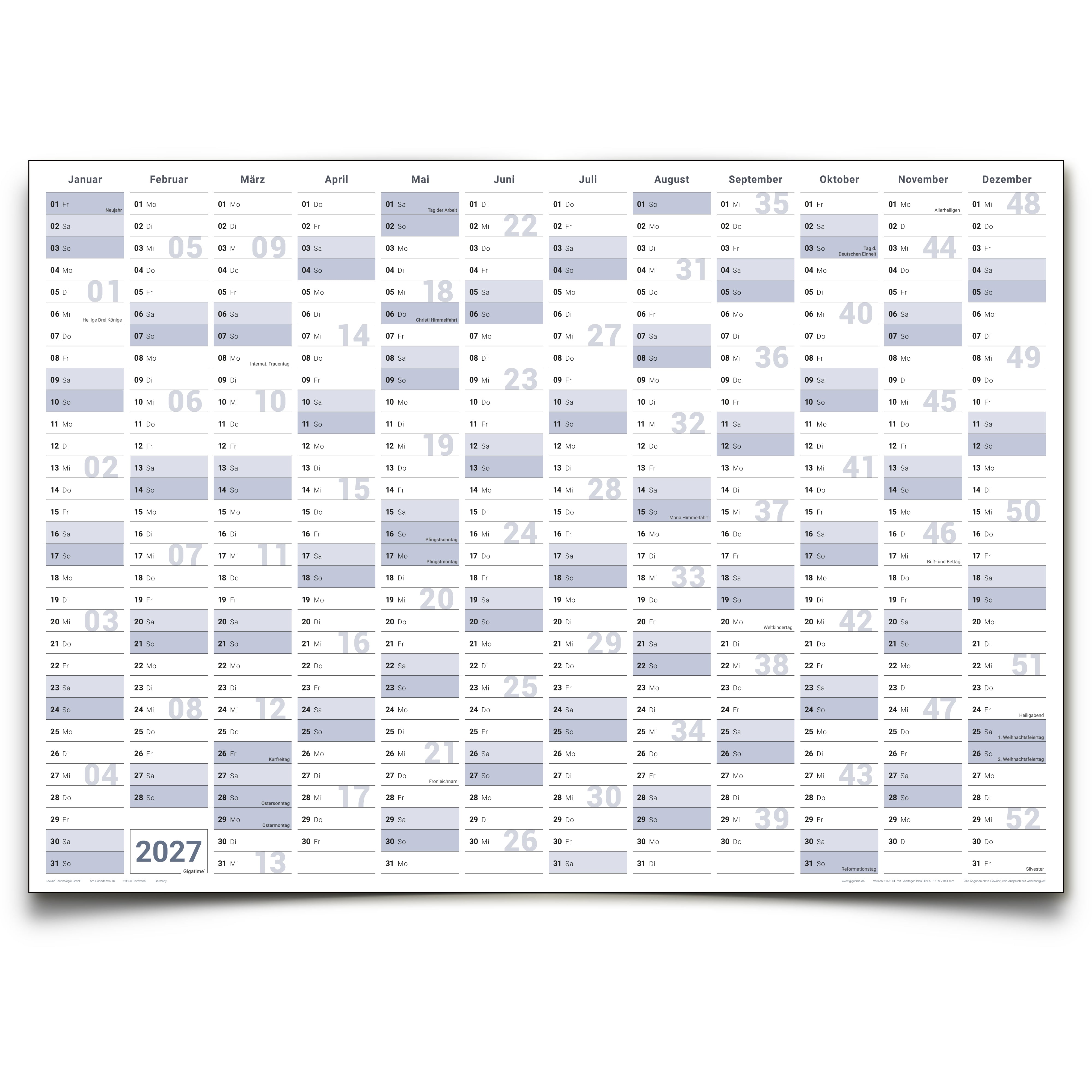 Jahreskalender 2027 A0 abwischbar gerollt mit Marker 250 g Papier