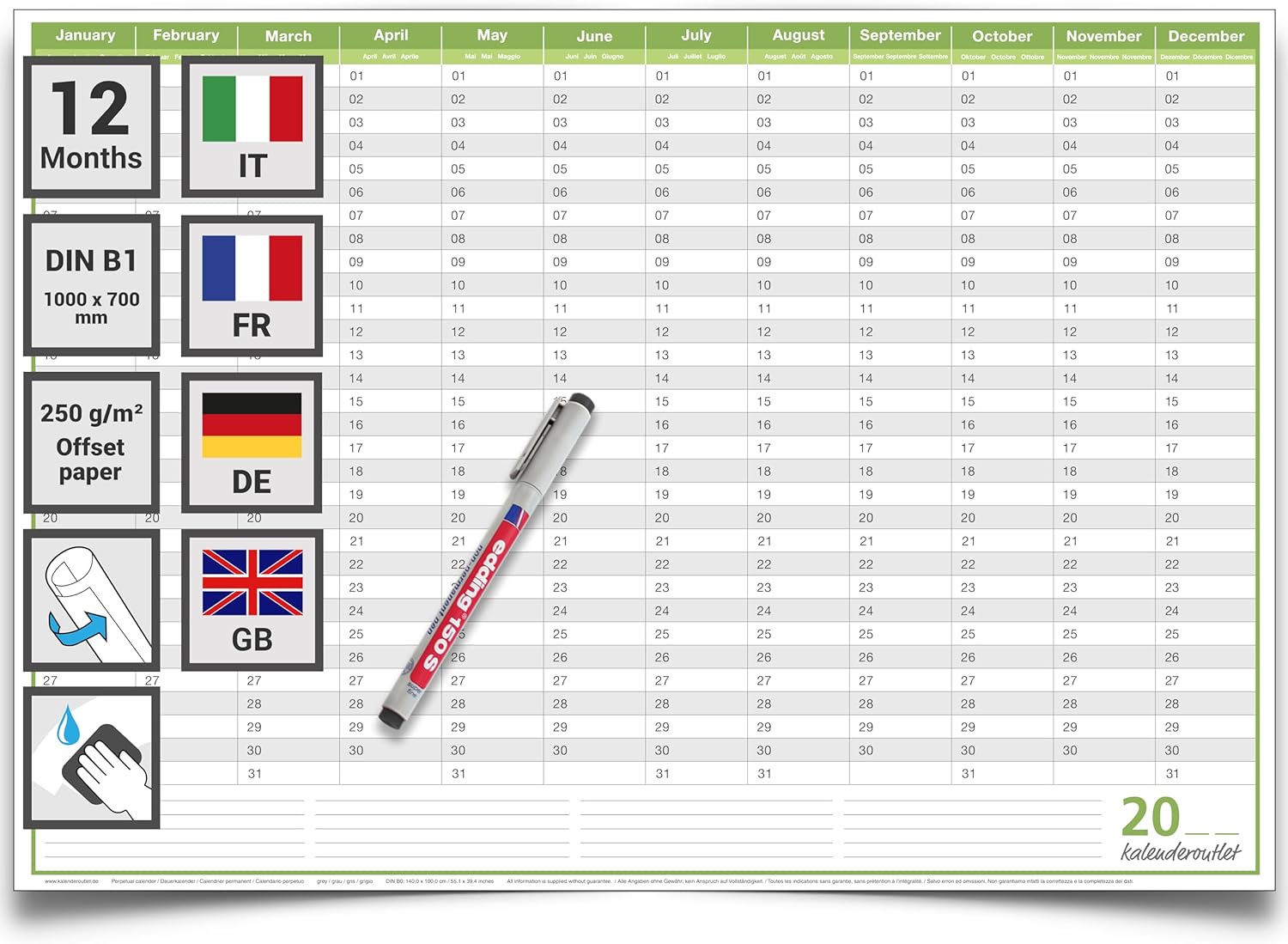 Wandkalender B1 707 x 1000 mm grün abwischbar Dauerkalender Planung