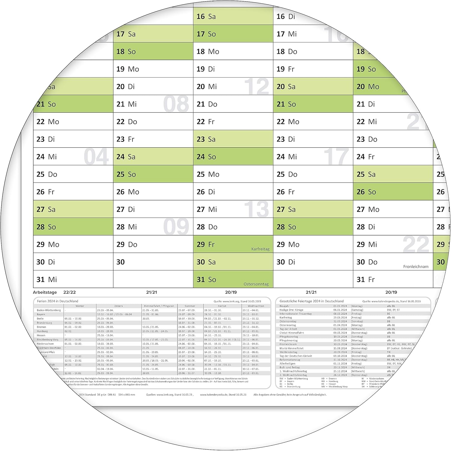 Wandkalender 2026 A0 841 x 1189 mm grün für Büro