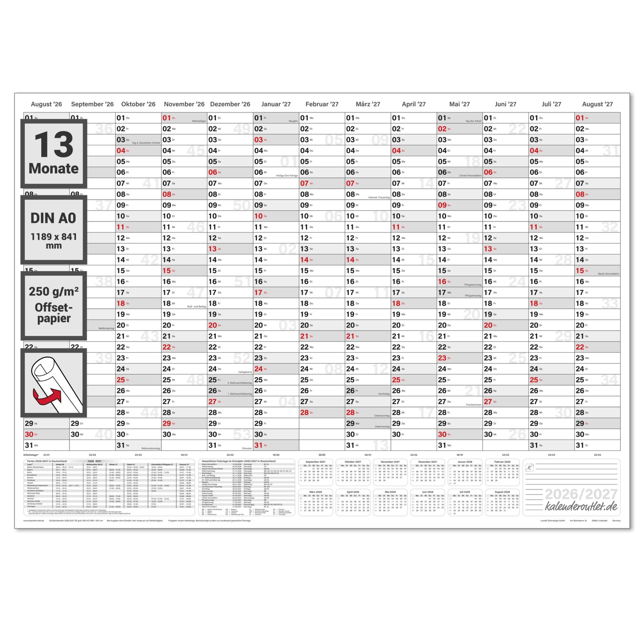 Schuljahreskalender 2026/27 A0 quer gerollt 250 g Papier