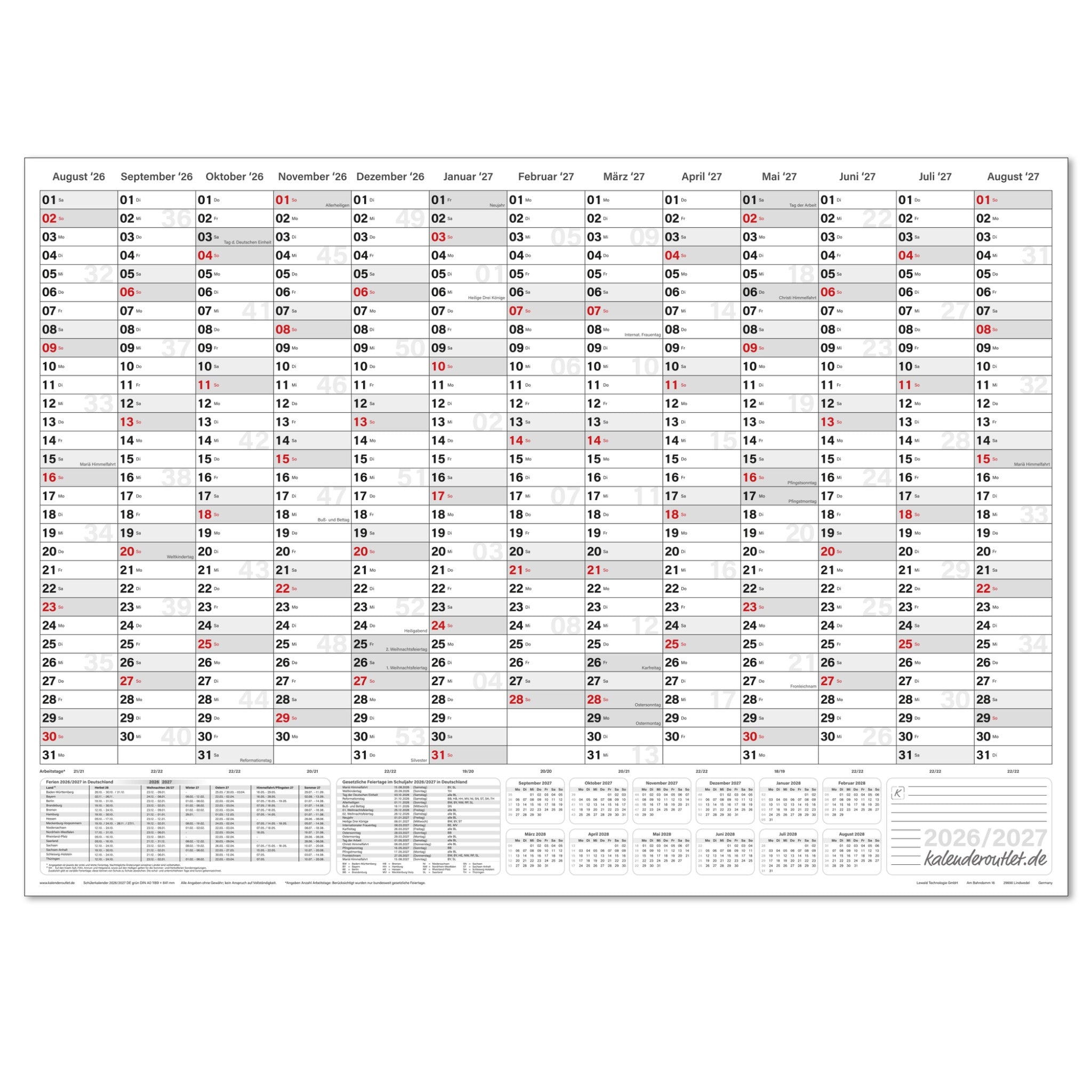 Schuljahreskalender 2026/27 A0 quer gerollt 250 g Papier
