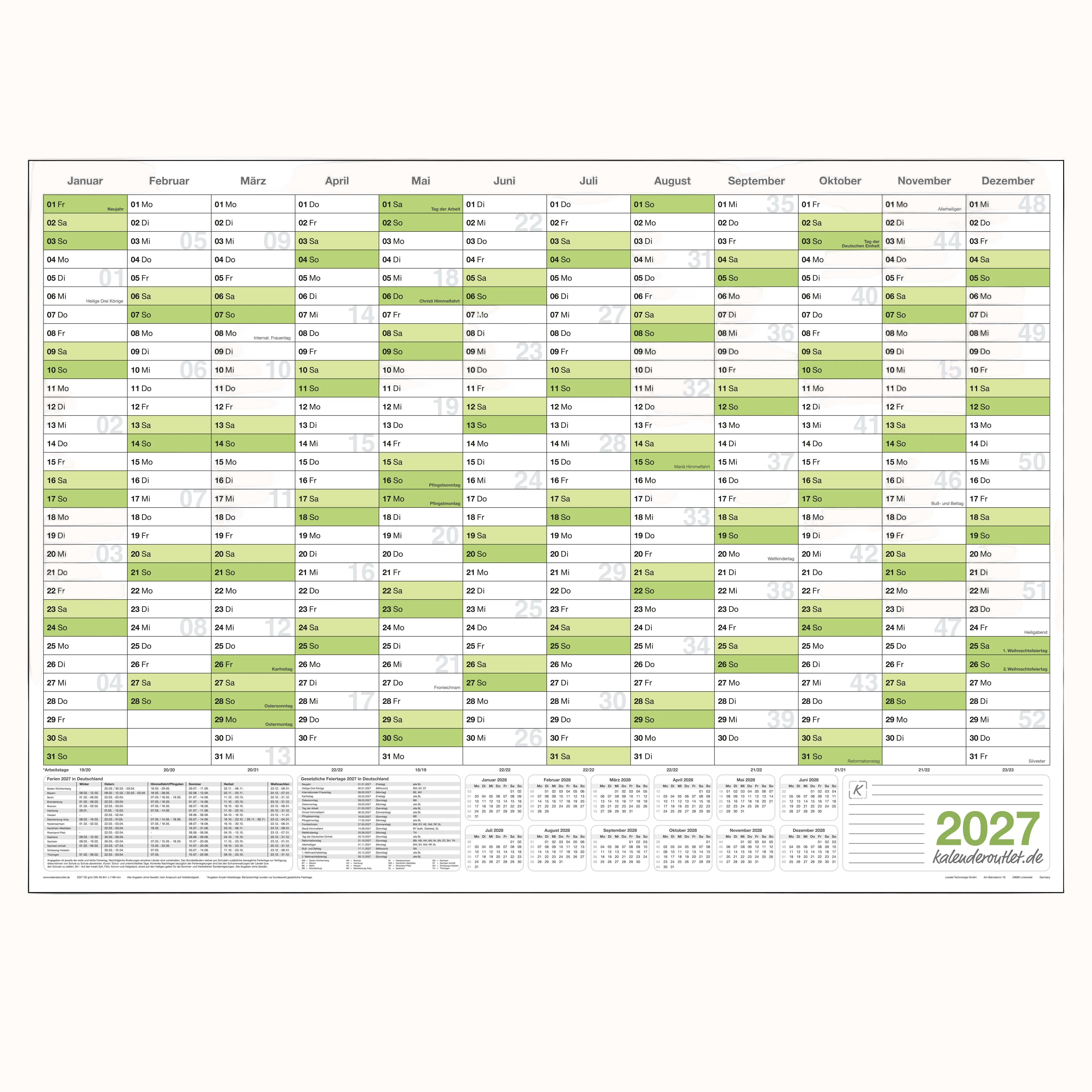 Jahreskalender 2027 Querformat Grün